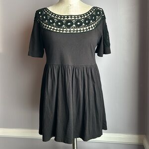 Calvin Klein black 100% Cotton short sleeve baby doll top lace trim Size Small